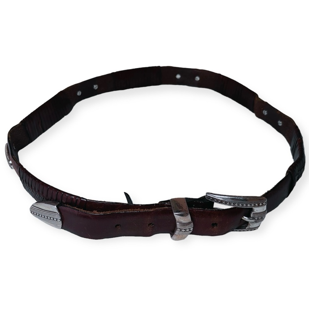 Brighton Vintage Brown Leather Rustic Western Conco Belt Silvertone Buckle